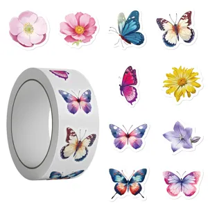 Vista detallada de cinta washi de mariposa y flor de acuarela, pegatina decorativa de diario DIY.