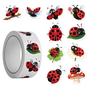Cute cartoon ladybug roll stickers and colorful die-cut decals for crafts and journals.