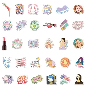 Close-up details of cute cartoon skincare and beauty stickers featuring various aesthetic makeup elements.