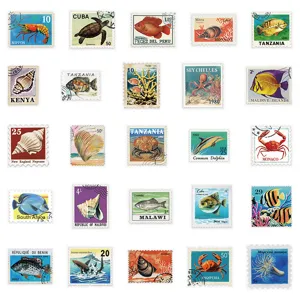 Vintage Meereslebewesen Briefmarken Aufkleber, wasserdichtes Deko Sticker Set zum Basteln.