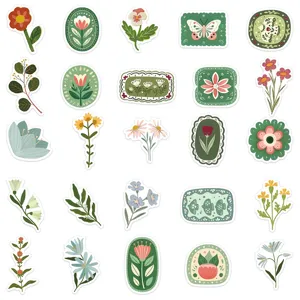 Detailed view of vintage botanical flower stickers, aesthetic plant designs for DIY journaling.