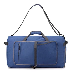 Blue foldable travel duffel bag with shoulder strap, large capacity sports luggage bag for outdoor.