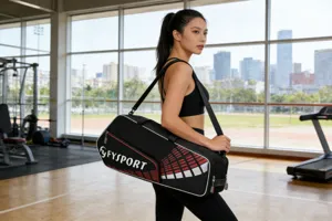 Detailed view of the black sports racket bag with shoulder strap in gym scene.