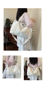 Large capacity travel duffel bag detail view, casual star pattern gym bag with shoulder strap.