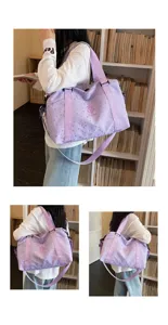 Detailed view of the large capacity travel duffel bag, showing stylish purple design.