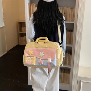 Fashion large capacity canvas travel duffel bag with cute star decor for women fitness gym.
