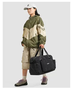 Water-resistant nylon travel duffel bag with dry-wet separation, large capacity for camping.