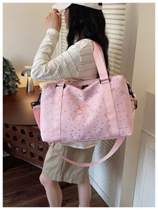 Pink large capacity travel gym bag with star pattern, casual daily portable luggage duffel.