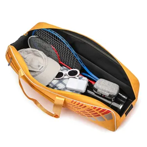 Large capacity yellow sports racquet bag for tennis and badminton, ideal for outdoor sports storage.