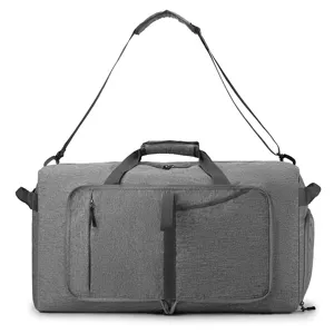 Gray foldable travel duffel bag with shoulder strap, large capacity gym sport storage bag.
