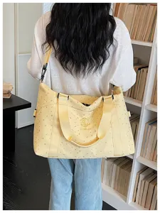 Large capacity yellow canvas travel shoulder bag, lightweight gym yoga tote with stars.