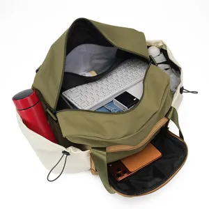 Color-block travel duffel bag, nylon gym bag with wet compartment and large capacity.