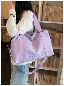 Lightweight purple travel duffel bag with star pattern, large capacity gym bag for outdoor.