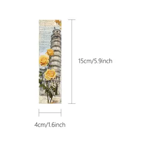 Vintage paper bookmark featuring Leaning Tower of Pisa and yellow roses, 15x4cm size.