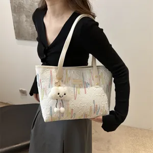 Bolso tote blanco grande casual con bordados coloridos y lindo colgante de nube