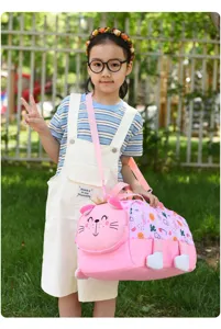Cute pink cat design kids travel duffel bag with waterproof fabric and large capacity for use.