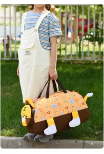 Cute tiger-shaped kids travel duffel bag detail, showing spacious capacity and fun design.