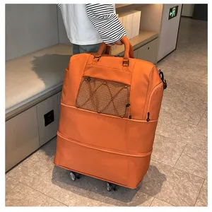 Large capacity expandable travel rolling duffel bag with smooth wheels for short trips.