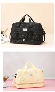 Multi-functional travel duffel bag with wet dry separation and separate shoe compartment.