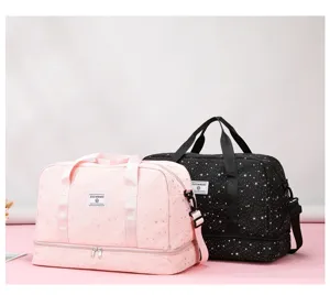 Travel duffel bag with bottom shoe compartment, dry-wet separation and strap for gym.