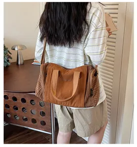 Casual large capacity canvas patchwork shoulder bag for women lightweight travel daily use