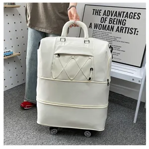 Large capacity travel luggage bag with wheels and expandable layers for short trips.
