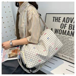 Casual plaid travel duffle bag with cute embroidered bows, large capacity and lightweight design.