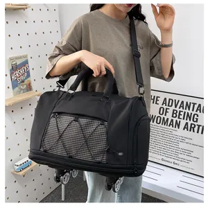 Black rolling travel duffel bag with wheels, large capacity lightweight carry-on luggage.