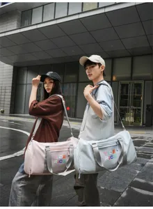 Detailed view of trendy couple sports fitness bag with wet dry separation and separate shoe compartment.