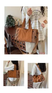 Detail view of casual travel duffel bag with plaid patchwork and ample storage capacity.