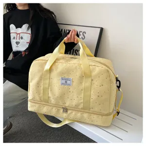Multifunctional travel duffel bag with shoe compartment, stylish star pattern yellow weekender.
