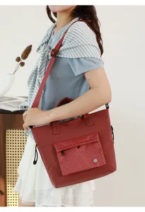 Casual red tote shoulder bag with plaid front pocket, versatile canvas crossbody bag for daily work.