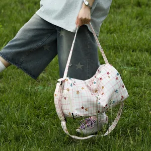 Casual pink plaid travel duffel bag with cute colorful star embroidery for daily and trips.