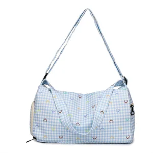 Blue gingham travel duffel bag with cute colorful heart prints, spacious daily storage bag.