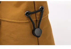 Detail view of minimalist casual storage bag drawstring closure, lightweight daily travel style.