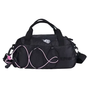 Water-resistant black sports duffel bag with pink bungee cords and top handles for outdoor travel.