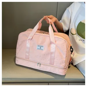 Large capacity travel duffel bag with shoe compartment pink star pattern weekend overnight bag