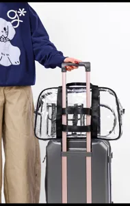 Clear travel bag detail showing trolley sleeve and waterproof gym features for easy use.