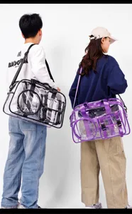 Transparent waterproof travel gym bag detail showing dry wet separation and compartments.