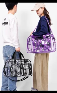 Detail view of the clear PVC travel gym bag featuring waterproof design and multiple pockets.