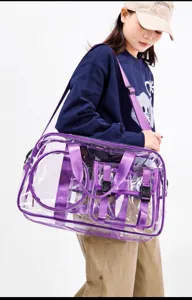 Transparent purple travel gym bag with clear design and large capacity for sports.