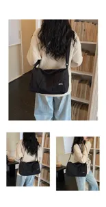 Japanese minimalist black canvas messenger bag, large capacity casual travel shoulder bag.