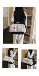 Vista dettagliata della borsa da viaggio leggera con grande capienza e pratiche tasche anteriori.
