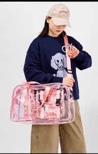 Clear PVC travel gym bag with pink straps, waterproof outdoor beach tote and shoulder bag detail.