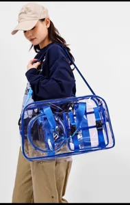 Transparent waterproof swim fitness bag with compartments for outdoor travel and beach use.
