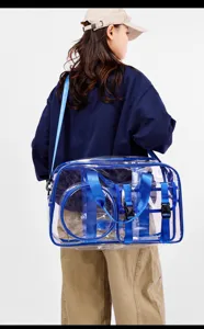 Transparent waterproof fitness bag detail, blue straps and compartments for travel beach sports.