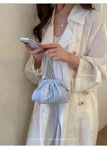Close-up of a blue and white striped checkered handbag styled with a white trench coat