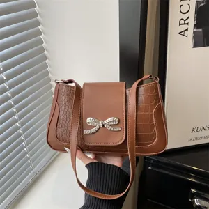 Bolso de Hombro de Moda de Cuero PU con Patrón de Cocodrilo para Mujer Casual Minimalista Color Sólido Bolso de Axila con Lazo Strass