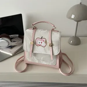 Zainetto rosa e bianco motivo marmo con logo orso carino per moda donna