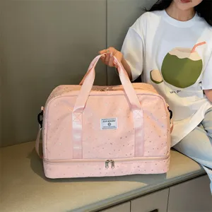 Large capacity travel duffel bag with separate shoe compartment and wet dry pocket for sports.